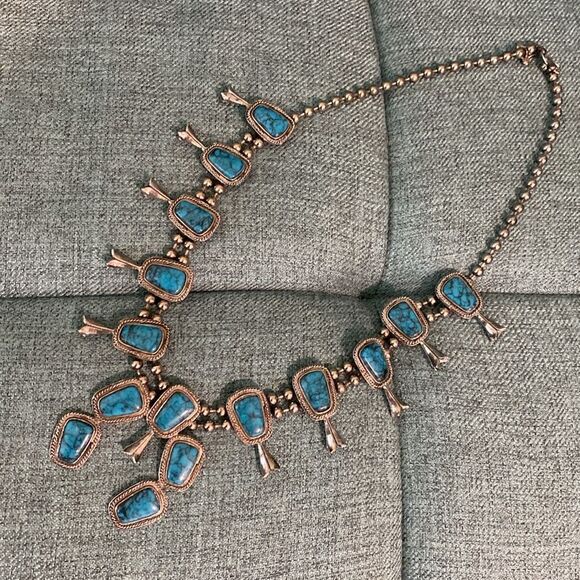 Vintage Goldette Faux Silver Turquoise Necklace - Picture 3 of 8